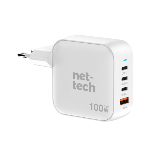 Nettech NT-HCH09 Beyaz 100W PD+QC GaNPrime Hızlı Şarj Aleti - 3xType C + USB-A Çıkış, Akıllı Şarj, Akım Koruma Özelliği