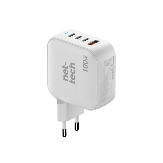 Nettech NT-HCH09 Beyaz 100W PD+QC GaNPrime Hızlı Şarj Aleti - 3xType C + USB-A Çıkış, Akıllı Şarj, Akım Koruma Özelliği