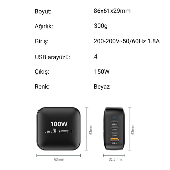 Nettech NT-HCH09 Beyaz 100W PD+QC GaNPrime Hızlı Şarj Aleti - 3xType C + USB-A Çıkış, Akıllı Şarj, Akım Koruma Özelliği