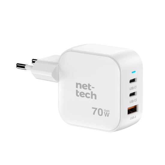 Nettech NT-HCH10 Beyaz 70W PD+QC GaNPrime Hızlı Şarj Aleti - 2xType C + USB-A Çıkış, Akıllı Şarj, Akım Koruma Özelliği