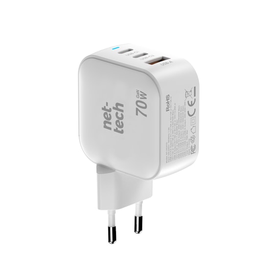 Nettech NT-HCH10 Beyaz 70W PD+QC GaNPrime Hızlı Şarj Aleti - 2xType C + USB-A Çıkış, Akıllı Şarj, Akım Koruma Özelliği