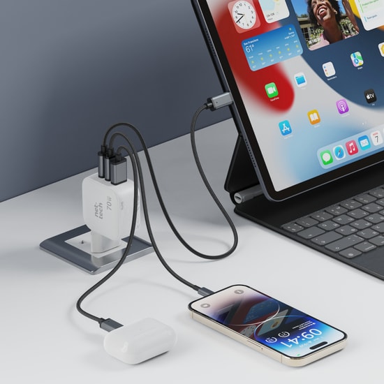 Nettech NT-HCH10 Beyaz 70W PD+QC GaNPrime Hızlı Şarj Aleti - 2xType C + USB-A Çıkış, Akıllı Şarj, Akım Koruma Özelliği