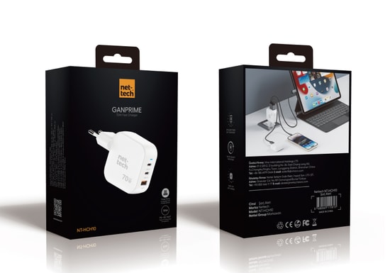 Nettech NT-HCH10 Beyaz 70W PD+QC GaNPrime Hızlı Şarj Aleti - 2xType C + USB-A Çıkış, Akıllı Şarj, Akım Koruma Özelliği
