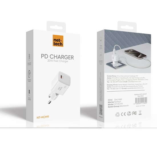 Nettech NT-HCH11 Siyah 20W PD Hızlı Şarj Aleti (3000mAh) - USB C Çıkış, Akıllı Şarj, Akım Koruma Özelliği, Kompakt Gövde