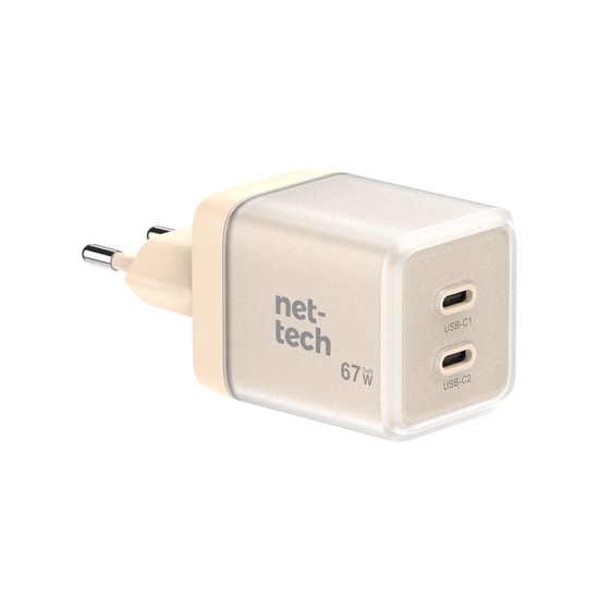 Nettech NT-HCH12 Pembe 67W PD+QC GaNPrime Hızlı Şarj Aleti (NT-HCH1200002) -2xType C Çıkış, Akıllı Şarj, Akım Koruma