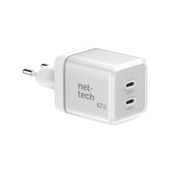 Nettech NT-HCH12 Beyaz 67W PD+QC GaNPrime Hızlı Şarj Aleti (NT-HCH1200001) -2xType C Çıkış, Akıllı Şarj, Akım Koruma
