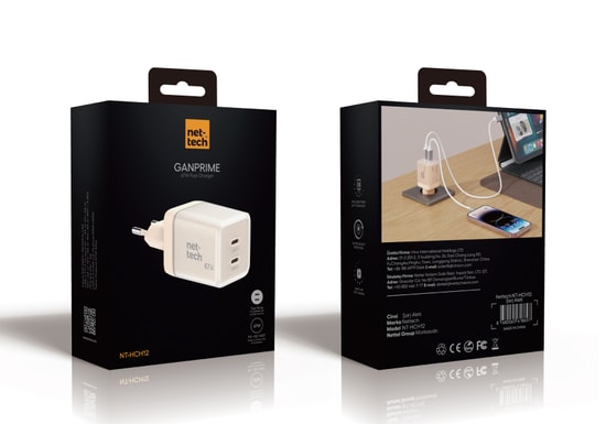 Nettech NT-HCH12 Beyaz 67W PD+QC GaNPrime Hızlı Şarj Aleti (NT-HCH1200001) -2xType C Çıkış, Akıllı Şarj, Akım Koruma