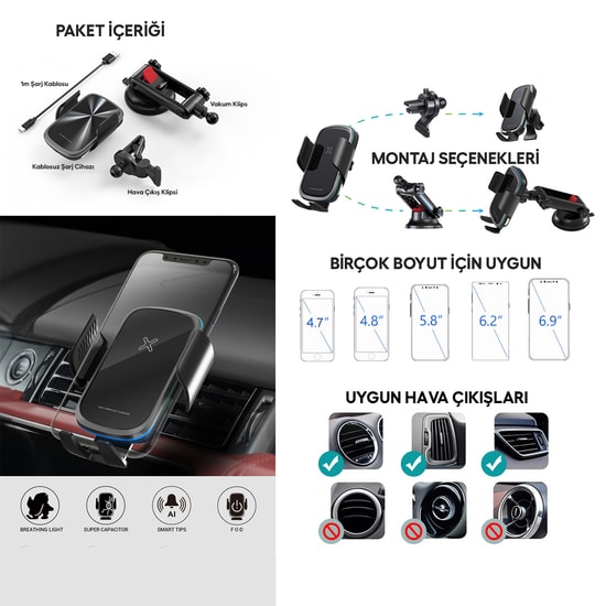 Nettech NT-CHC31 15W Qi3.0 Şarjlı Araç İçi Cam Vakumlu Telefon Tutucu - Klima Klipsli, Güçlü Magnet, FOD Sensör