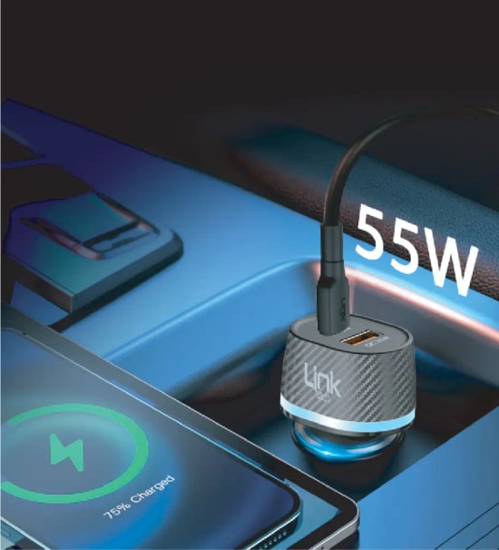 Linktech C434 55W USB-C Kablolu PD/QC Süper Hızlı Araç Şarj Aleti - USB A Max 25W, Type-C Max 30W, Akım Korumalı