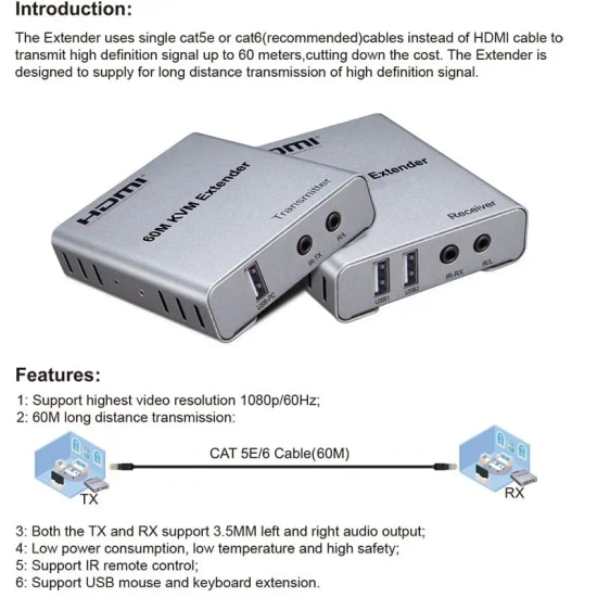 SENSEI 60 Metre 1080P CAT6 KVM Extender - HDMI, USB, IR, Audio Aktarım, İkili Adaptör, Yüksek Performanslı Uzatma Çözümü