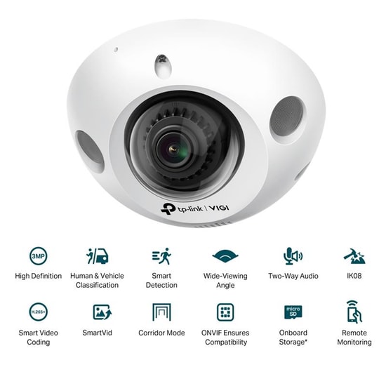 TP-Link VIGI C230I Mini (2.8MM) 3MP IR Dome Kamera - İnsan/Araç Algılama, 30m IR, Çift Yönlü Ses, H.265+, IK08 Koruma