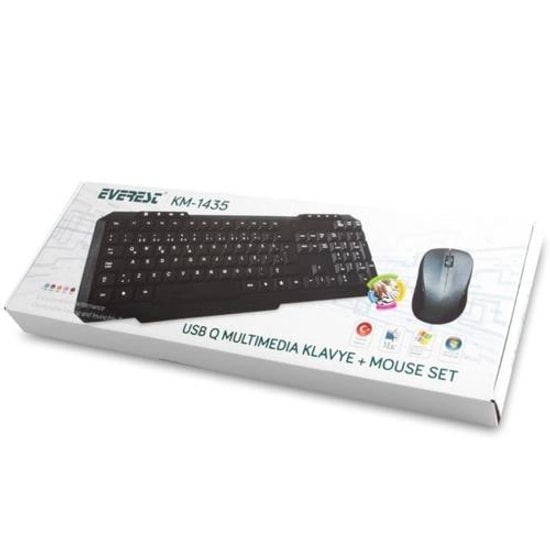 Everest KM-1435 USB Kablolu Klavye Mouse Set - Siyah, USB, Multimedya Tuşlu, Türkçe Q Klavye, 800 DPI Optik Mouse