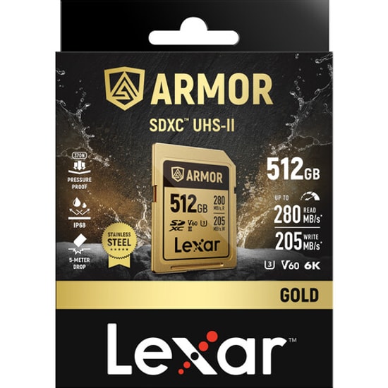 Lexar Armor Gold 512GB Profesyonel Seri SD Kartı (LSDAMGL512G-RNNNG) - 280MB/s Okuma, 205MB/s Yazma, V60, C10, U3