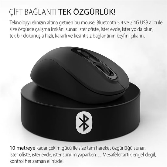 INCA IWM-288T Bluetooth + 2.4GHz Kablosuz Ergonomik Mouse - Sessiz Tuşlar, 1600 DPI, Siyah, 4 Tuşlu, Konforlu Tasarım