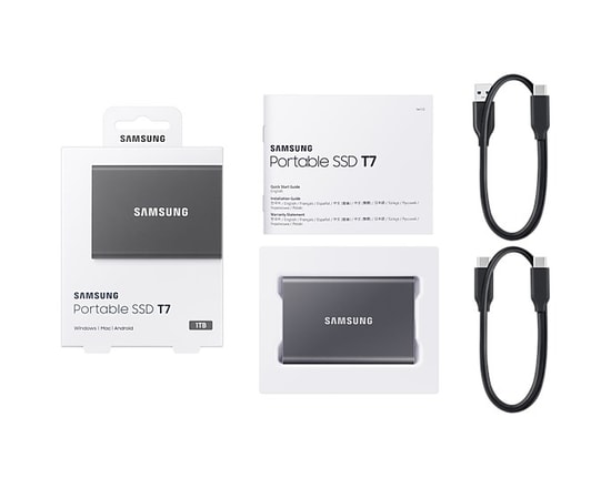 Samsung T7 1TB USB 3.2 Gri Taşınabilir SSD (MU-PC1T0T-WW) - 1050MB/s Okuma, Darbeye Dayanıklı, Şifreli, Metal Kasa
