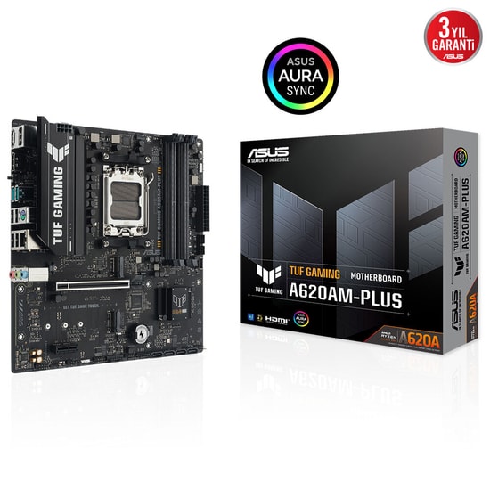 Asus TUF Gaming A620AM-PLUS Anakart - AM5, DDR5 7600MHz, 2xM.2, HDMI, DP, USB 3.2, 2.5G LAN, mATX - 90MB1N30-M0EAY0