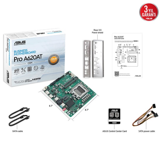 Asus PRO A620AT-CSM Anakart - AMD A620, AM5, DDR5 6400MHz, M.2, PCIe G4x4, LVDS, USB 3.2, Thin Mini ITX, 90MB1L5M-M0EAYC