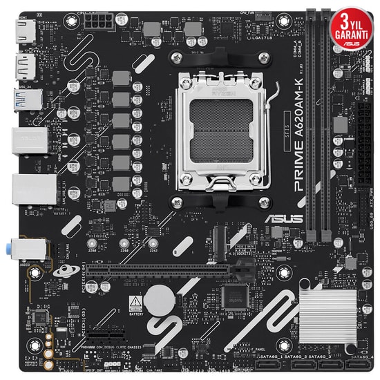 ASUS PRIME A620AM-K Anakart - AM5, DDR5 7600MHz (OC), mATX, M.2, HDMI, VGA, USB 3.2, 1G LAN, Micro ATX (90MB1GX0-M0EAY0)