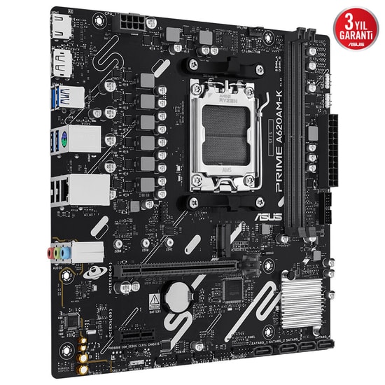 ASUS PRIME A620AM-K Anakart - AM5, DDR5 7600MHz (OC), mATX, M.2, HDMI, VGA, USB 3.2, 1G LAN, Micro ATX (90MB1GX0-M0EAY0)
