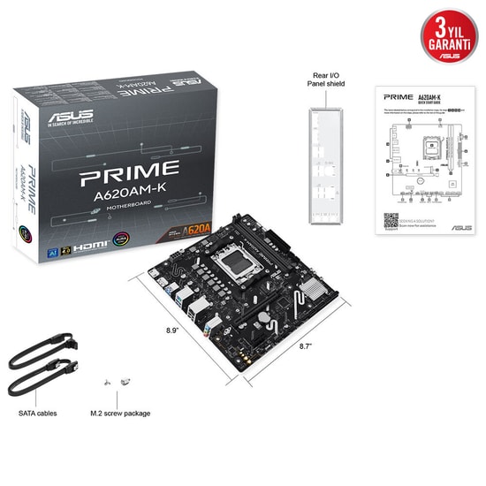 ASUS PRIME A620AM-K Anakart - AM5, DDR5 7600MHz (OC), mATX, M.2, HDMI, VGA, USB 3.2, 1G LAN, Micro ATX (90MB1GX0-M0EAY0)
