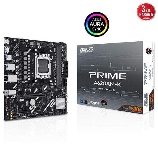 ASUS PRIME A620AM-K Anakart - AM5, DDR5 7600MHz (OC), mATX, M.2, HDMI, VGA, USB 3.2, 1G LAN, Micro ATX (90MB1GX0-M0EAY0)