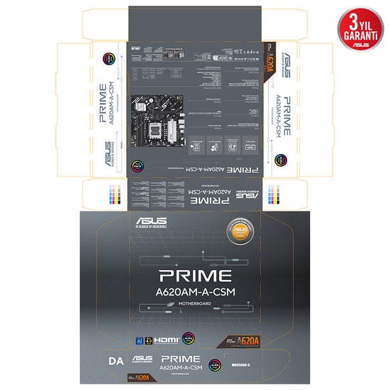 ASUS PRIME A620AM-A-CSM Anakart - AMD AM5, DDR5 7600MHz, RGB, VGA, HDMI, DP, PCIe 4.0, 2xM.2, MicroATX (90MB1MY0-M0EAYC)