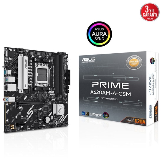 ASUS PRIME A620AM-A-CSM Anakart - AMD AM5, DDR5 7600MHz, RGB, VGA, HDMI, DP, PCIe 4.0, 2xM.2, MicroATX (90MB1MY0-M0EAYC)