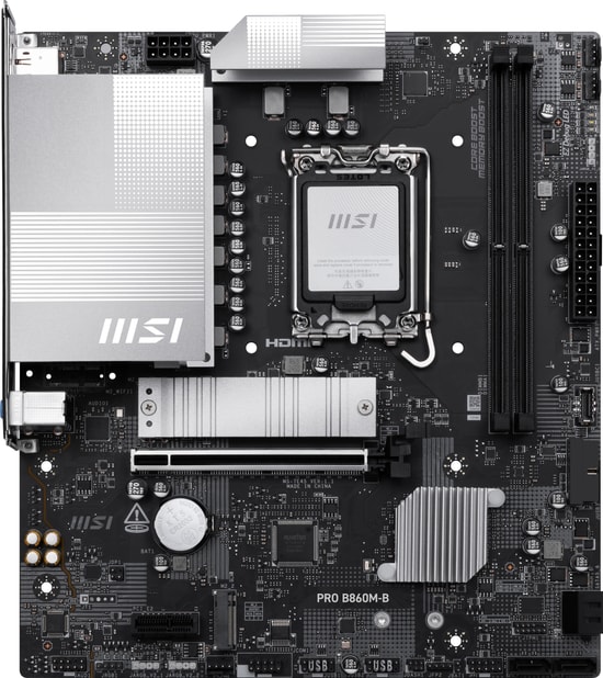 MSI PRO B860M-B Anakart: LGA1851, DDR5 9066MHz(OC), PCIe Gen.5x4, 2xM.2, Type C, HDMI 2.1, DisplayPort 1.4, 5G LAN, mATX