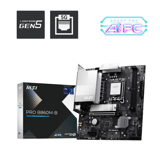 MSI PRO B860M-B Anakart: LGA1851, DDR5 9066MHz(OC), PCIe Gen.5x4, 2xM.2, Type C, HDMI 2.1, DisplayPort 1.4, 5G LAN, mATX