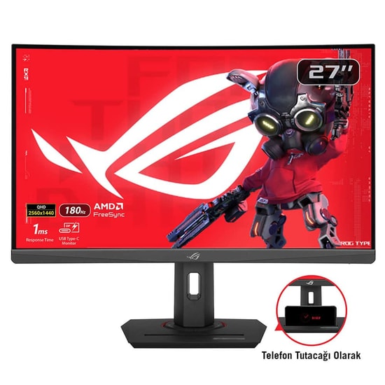 Asus ROG Strix XG27WCS 27" 2K 180Hz 1ms Fast VA Curved Oyuncu Monitörü - 400cd, Pivot, HDMI, DP, USB-C, HDR10, FreeSync