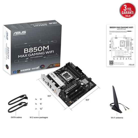 ASUS B850M MAX GAMING WIFI Anakart (90MB1LL0-M0EAY0) - AM5, DDR5 8000MHz (OC), 3xM.2, DP, HDMI, USB 3.2, WiFi 6, mATX