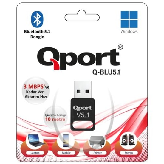 Qport Q-BLU5 Bluetooth 5.1 USB Adaptör - 10 Metre Menzil, 3Mbps Veri Hızı, Tak-Çalıştır, Win/Mac/Linux Uyumlu