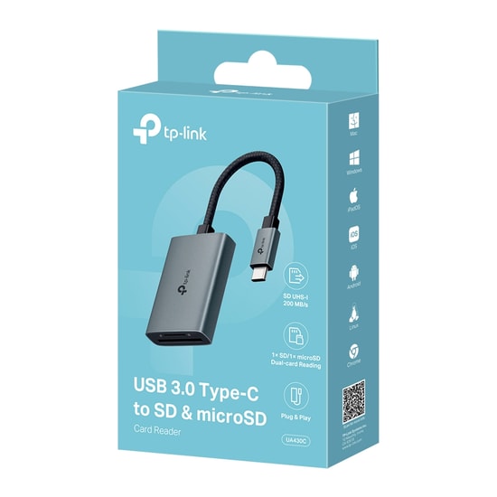 TP-Link UA430C USB 3.0 Type-C SD/MicroSD Kart Okuyucu - 200MB/s, UHS-I, 2TB Destekli, Çift Yuvalı, 5Gbps Hızlı