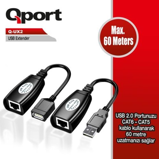 Qport Q-UX2 USB 2.0 Extender Ethernet Dönüştürücü - Cat6 Uyumlu, 2'li Paket USB Uzatıcı Seti, Tak Çalıştır, 60 Metre
