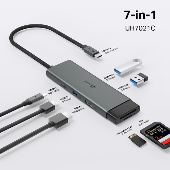 TP-Link UH7021C 7 in 1 USB Type-C Hub - 4K HDMI, 100W Şarj, 5Gbps Veri, 100W PD, SD/MicroSD Okuyucu, Kompakt