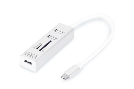 Digitus DA-70243 Type-C Kart Okuyucu - 3x USB 2.0 Port Çoklayıcı, 15cm Kablo, Taşınabilir Kompakt Tasarım