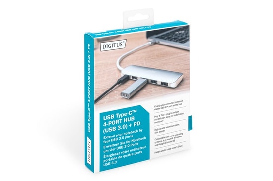 Digitus Type-C - 4 Port USB 3.0 Hub (DA-70242-1) Alüminyum Kasa, 5Gbps Hız, USB-C PD Şarj, Tak & Çalıştır, Mac/Windows