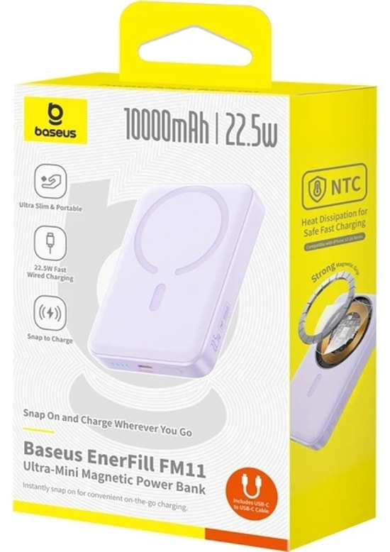 Baseus EnerFill FM11 Mini Mag Mor 10000mAh 22.5W Manyetik Powerbank (P1008210E513-00) - Kompakt Tasarım, Hızlı Şarj