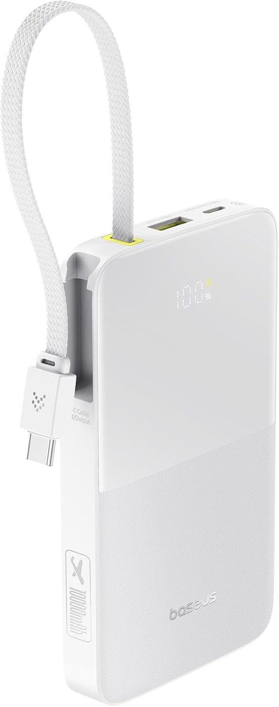 Baseus Enerfill FC51 Beyaz 10000mAh 22.5W Powerbank (E0027601) - Dahili USB-C Kablolu, Hızlı Şarj, Dijital Gösterge