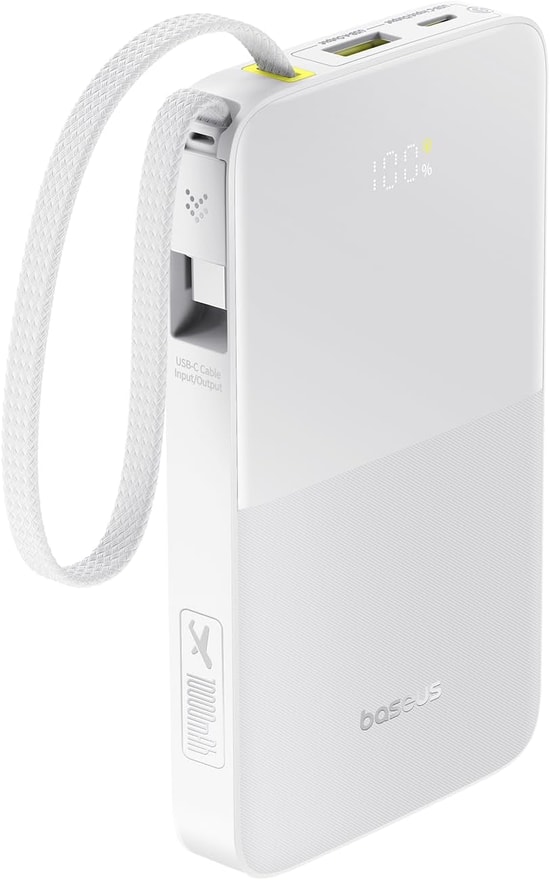 Baseus Enerfill FC51 Beyaz 10000mAh 22.5W Powerbank (E0027601) - Dahili USB-C Kablolu, Hızlı Şarj, Dijital Gösterge