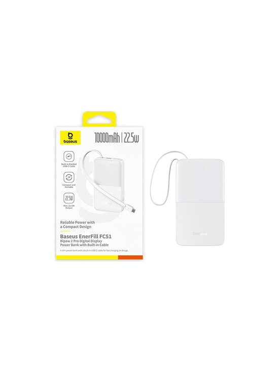 Baseus Enerfill FC51 Beyaz 10000mAh 22.5W Powerbank (E0027601) - Dahili USB-C Kablolu, Hızlı Şarj, Dijital Gösterge