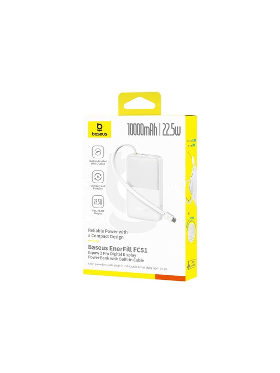 Baseus Enerfill FC51 Beyaz 10000mAh 22.5W Powerbank (E0027601) - Dahili USB-C Kablolu, Hızlı Şarj, Dijital Gösterge