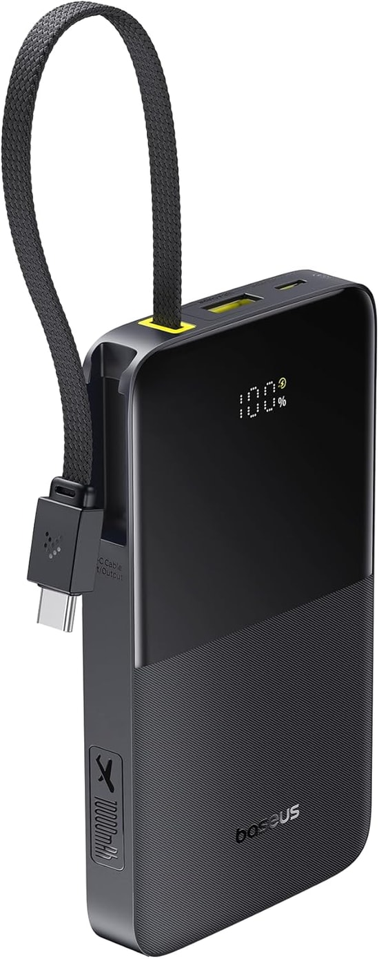 Baseus Enerfill FC51 Siyah 10000mAh 22.5W Powerbank (E0027600) - Dahili USB-C Kablolu, Hızlı Şarj, Dijital Gösterge