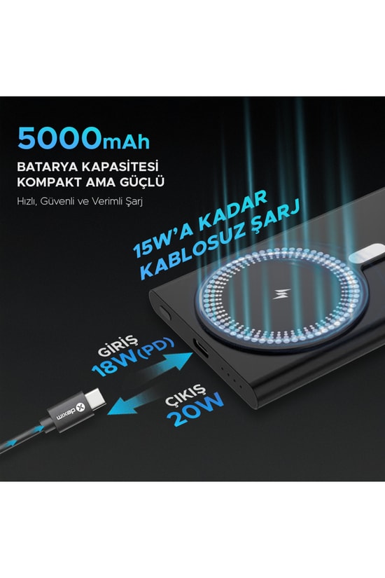 Dexim A16 5000mAh Alüminyum MagSafe Powerbank (DCA0064) - 15W Kablosuz, Type-C Hızlı Şarj Taşınabilir Şarj Aleti
