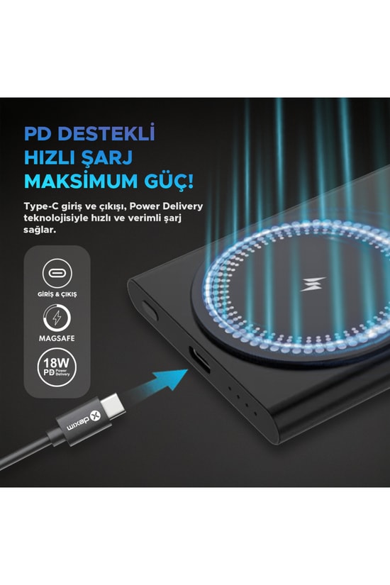 Dexim A16 5000mAh Alüminyum MagSafe Powerbank (DCA0064) - 15W Kablosuz, Type-C Hızlı Şarj Taşınabilir Şarj Aleti