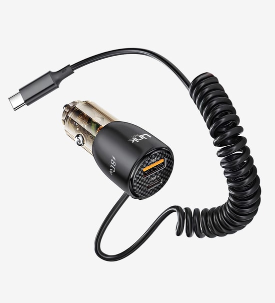 Linktech LCH-C509 80W Şeffaf Çift PD&QC 3.0 Type-C Kablolu Süper Hızlı Araç Şarj Aleti - 45W+30W+QC3.0, 12–24 V Giriş