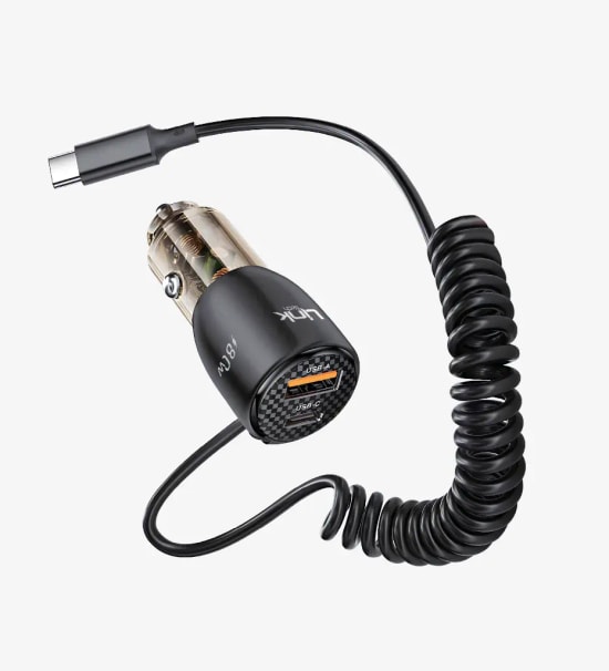 Linktech LCH-C509 80W Şeffaf Çift PD&QC 3.0 Type-C Kablolu Süper Hızlı Araç Şarj Aleti - 45W+30W+QC3.0, 12–24 V Giriş