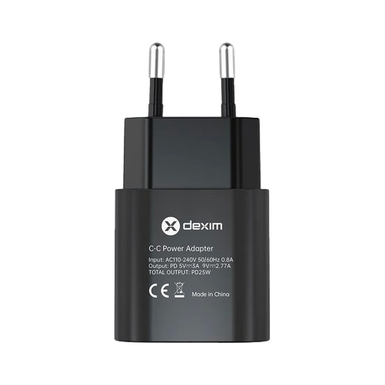Dexim 25W Type-C Hızlı Şarj Aleti (DCA0057) - PD/PPS Teknolojisi, 9V/2.7A, 12V/2.08A, Siyah, Güvenli ve Verimli Şarj