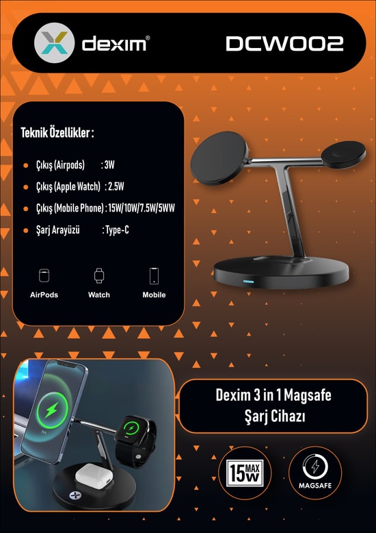 Dexim 3in1 MagSafe Masaüstü Şarj Cihazı DCW002 - USB Type-C Giriş, Siyah, 15W Kablosuz Hızlı Şarj, Güç Gösterge Işığı