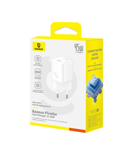 Baseus PicoGo 45W GaN QC 3.0 Type-C Hızlı Şarj Adaptörü - Beyaz (P10176800213-00) - Kompakt Tasarım, Akım Korumalı